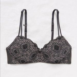 Aerie Real Happy Wireless Push Up Bra | Charcoal and Black Lace | 36B